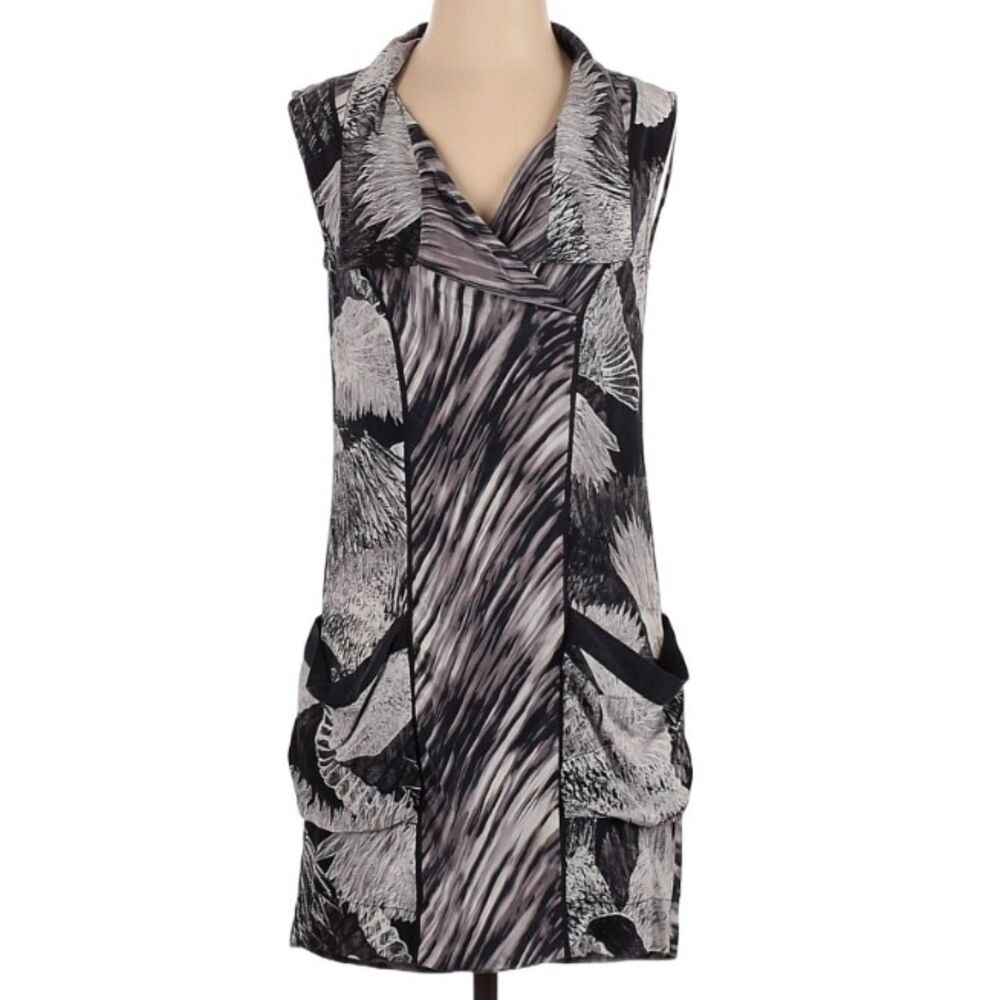 BCBG Max Azria Feather Print Gray Black 100% Silk Sleeveless Dress Pockets XXS